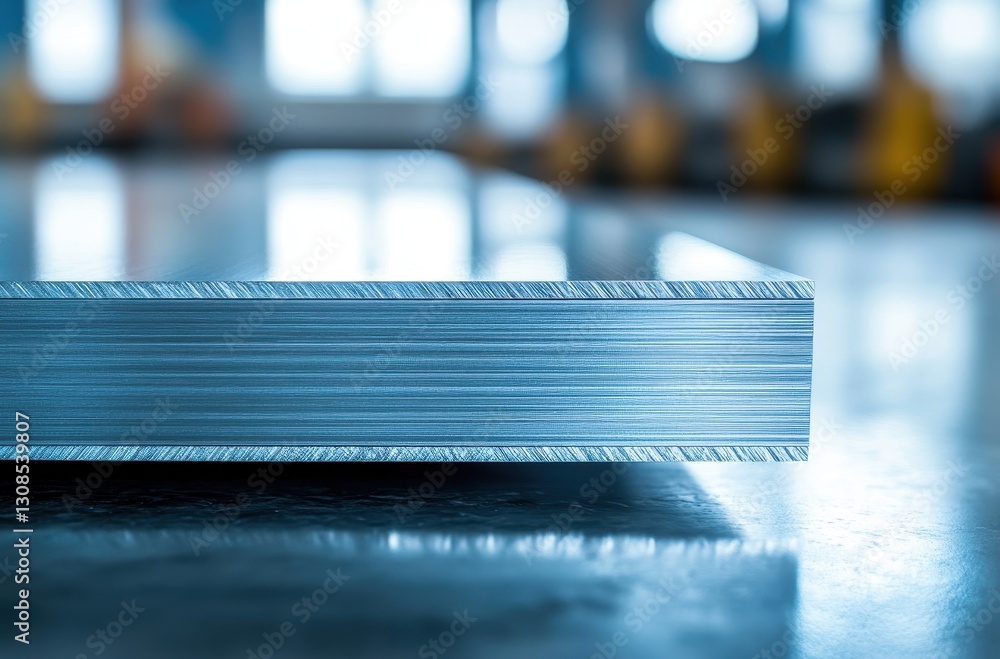 Poster close-up view of metal sheet displaying textured surface in manufacturing workshop with soft natural