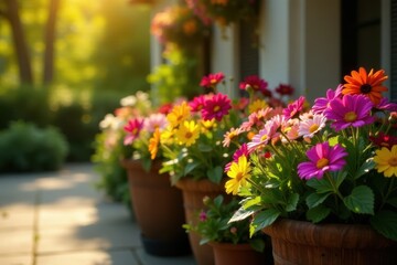 Sunlit patio, overflowing baskets bursting with colorful pansies and daisies , hanging baskets, baskets