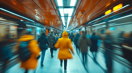 Blurred motion of people in urban city tunnel. Modern urban lifestyle.