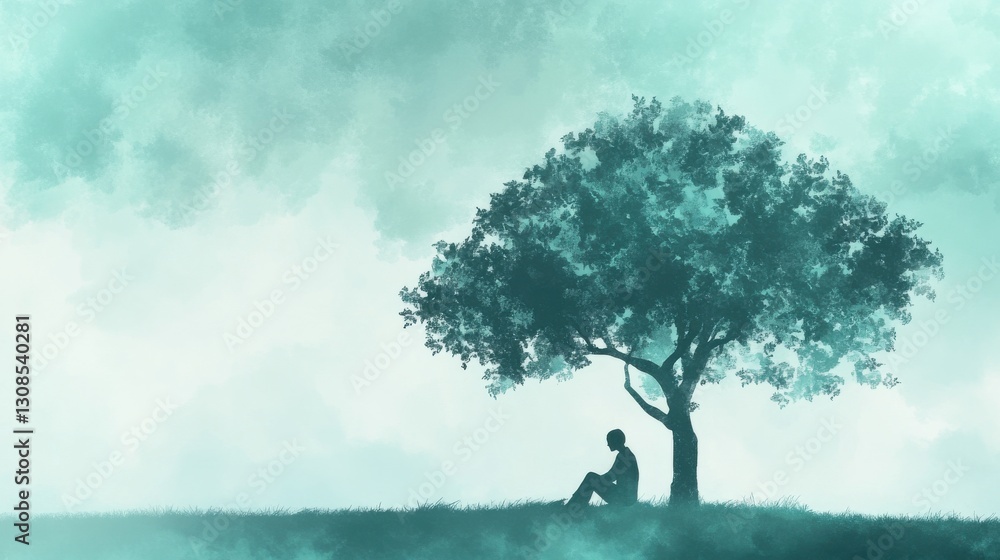 Aufkleber silhouette of a person sitting under a large tree in a tranquil landscape during twilight