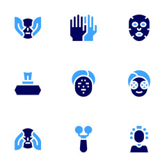 Facial massage icon set. Bold style. Duotone colors. massage, acupressure, face, wipes, mask, beauty treatment, facial mask