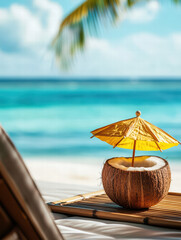 Coconut Drink on Tropical Beach: A refreshing coconut drink with a small yellow umbrella sits on a bamboo mat, overlooking a pristine tropical beach with turquoise water and palm trees.&nbsp;
