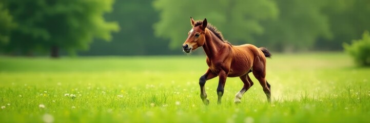 Obraz premium Foal frolics in the misty green meadow beside its mother, green, landscape, playful