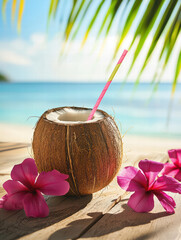 Tropical Paradise: A refreshing coconut drink with a vibrant pink straw sits amidst delicate flowers, on a wooden surface with a view of the ocean. Palm leaves frame this idyllic scene. 