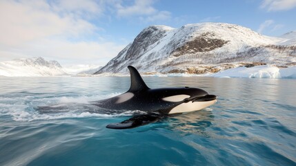 Obraz premium orca gracefully swims through tranquil, icy waters with striking blue hues. backdrop features majestic, snow-covered mountains under a bright sky that enhances the serene atmosphere