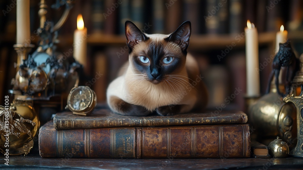 Poster elegant siamese cat resting on antique books surrounded by vintage objects and candles in a library 