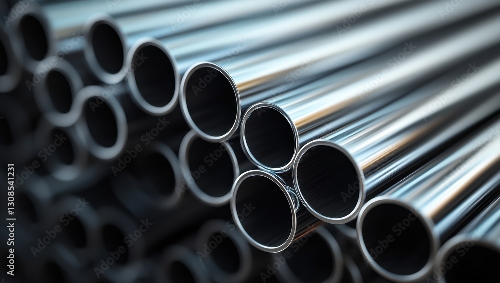 Poster close-up view of metallic pipes stacked neatly with smooth surfaces reflecting light in industrial e