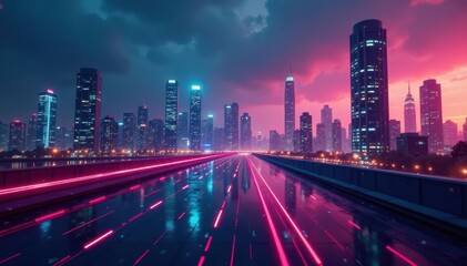 Fototapeta premium Binary code streams across futuristic cityscape, graphic, illustration