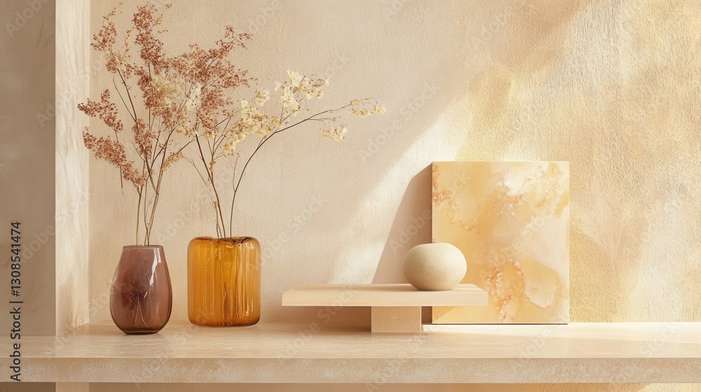 Poster minimalist display of amber and peach tones highlighting natural elements on a serene shelf