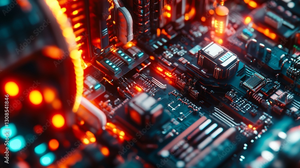 Poster close-up of a circuit board with glowing components, showcasing intricate details and vibrant colors