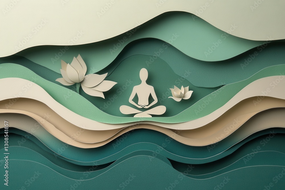Poster Serene paper art background with meditating figure and lotus flowers in fluid earthy tones Generative AI