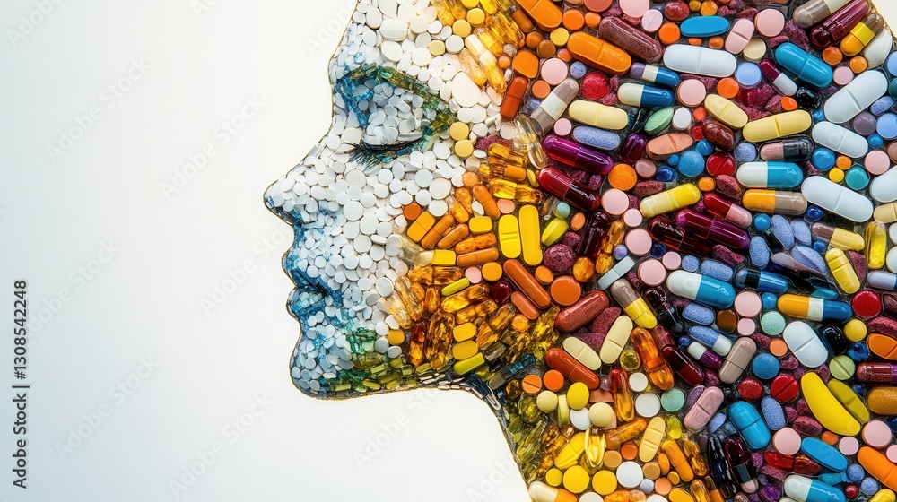 Aufkleber Colorful mosaic of pills forms a human silhouette demonstrating intricate artistry and creative design principles Generative AI