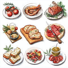 Mediterranean, Mediterranean food, food, tomato, salad, meal, collage, plate, vegetable, red, meat, healthy, pizza, cheese, fresh, dish, dinner, restaurant, fish, italian, white, set, diet, lunch, sna