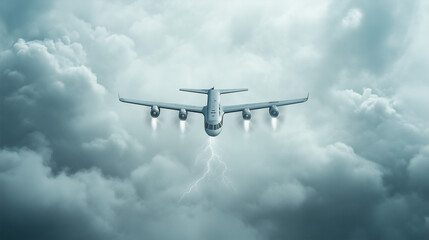 Airliner Flight Through Storm: An airliner fearlessly navigates through a dramatic storm, its engines blazing against the backdrop of swirling dark clouds and a flash of lightning.