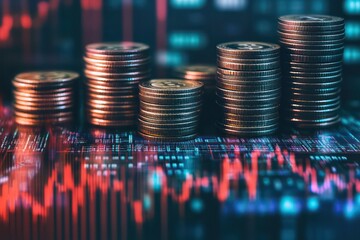 A composite image of investment success, displaying increasing coin stacks with an abstract digital finance background.