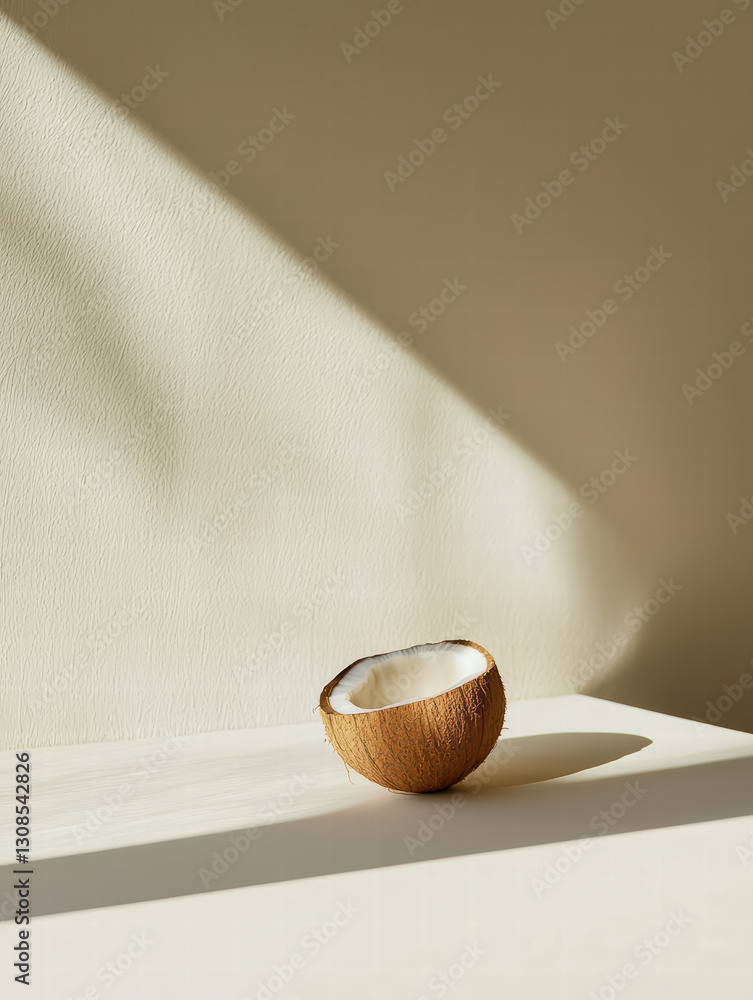Poster coconut in sunlight: a halved coconut sits on a surface, bathed in the warm, inviting glow of sunlig
