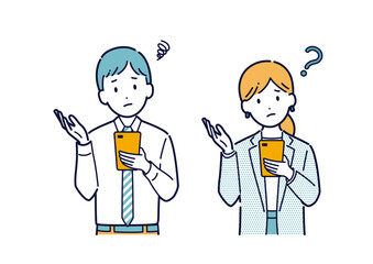 スマホを片手に悩んでいるビジネスパーソンのイラスト