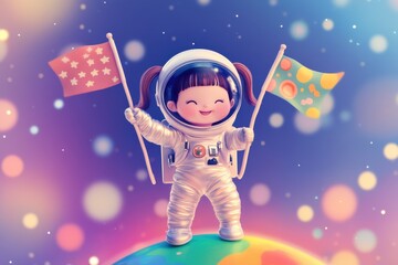 A cheerful girl in an astronaut suit holds two colorful flags, standing on a vibrant planet against a dreamy, colorful background.
