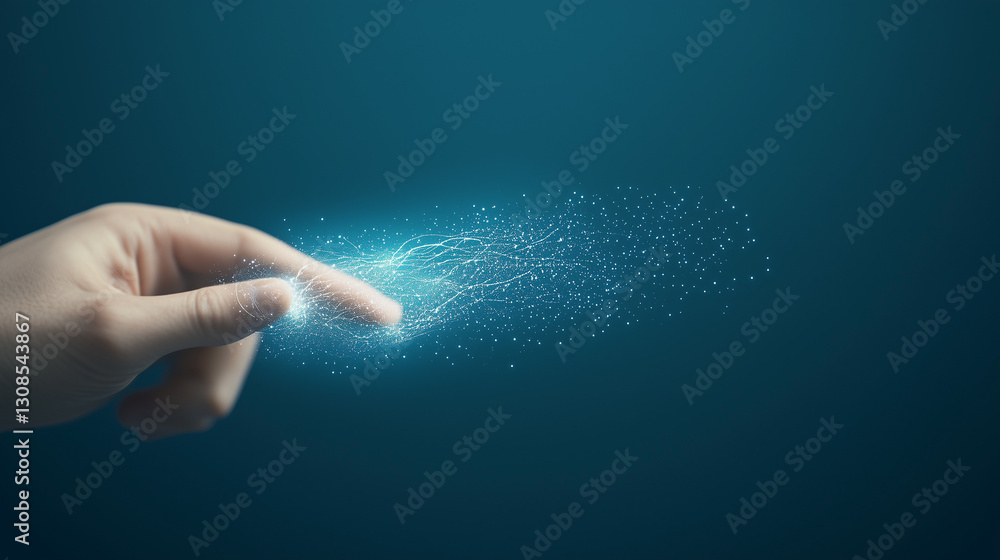 Poster touch of brilliance: an ethereal image of a human finger delicately touching a sparkling stream of l