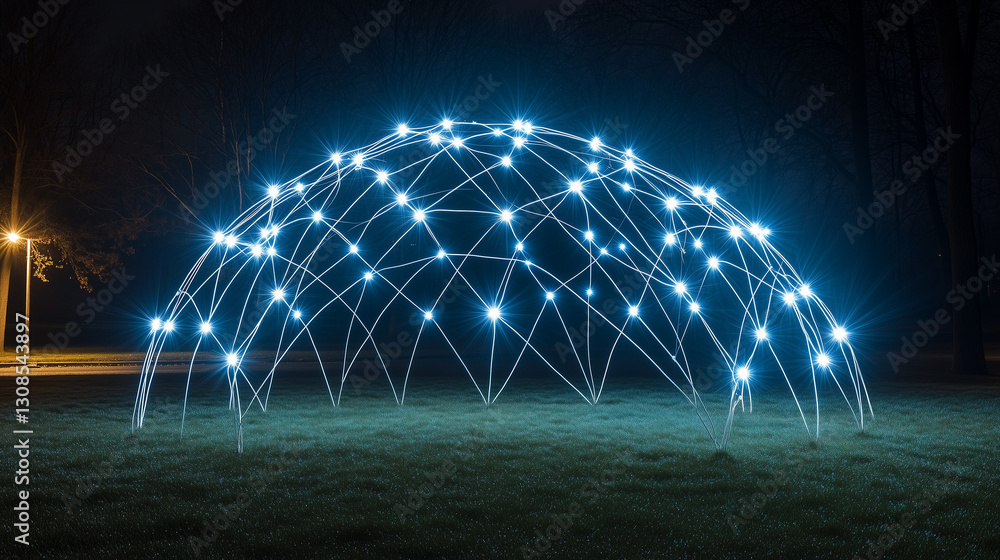 Poster illuminated geometric dome: a captivating, glowing dome structure constructed from interconnected no