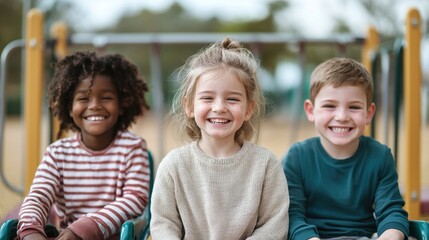 Fototapeta premium Three smiling children sit together on a playground, radiating joy and friendship against a blurred background.
