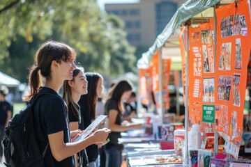 Student engagement fair university campus promotional event outdoor eye-level community connection