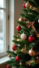 Decorated Christmas tree with simple ribbon garland, greenery, classic