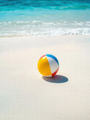 Obraz premium Beach ball on the shore: A vibrant beach ball lies on a sandy shore. Crystal-clear waves gently caress the beach, capturing the essence of summertime, joy and relaxation.