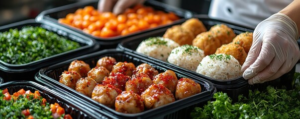 Fototapeta premium Freshly prepared gourmet meals in meal prep containers with vibrant ingredients on display