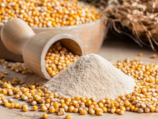 Close-up of golden corn kernels in a wooden scoop showcasing the raw material used for corn flour production and processing