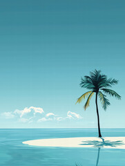 Fototapeta premium Tranquil Tropical Oasis: A single palm tree stands tall on a pristine sandy beach, embraced by the turquoise ocean and vast blue sky, inviting a sense of calm and serenity.