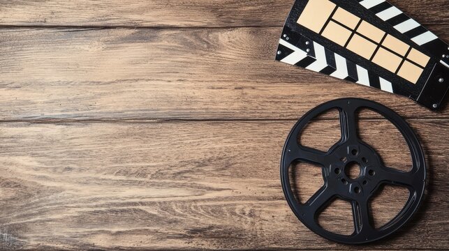 A film reel and a clapperboard rest on a wooden surface, symbolizing movie production and creative storytelling.