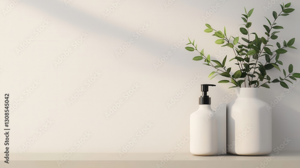 Poster a minimalist display featuring two white bottles and fresh greenery against a simple wall, creating 