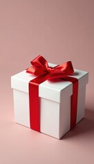 Obraz premium Elegant white gift box with a vibrant red bow , item, ornamentation