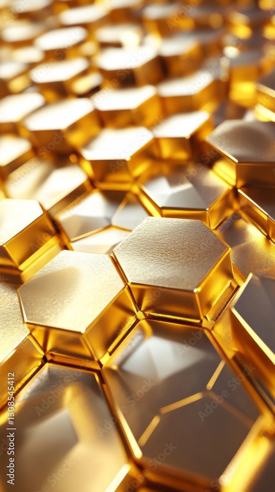 Poster a stunning 3d golden hexagonal structure with a shiny, reflective surface. ideal for showcasing luxu