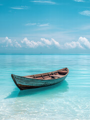 Serene Boat on Turquoise Waters: A solitary boat gracefully floats atop tranquil turquoise waters under a clear, bright sky, creating a serene and captivating landscape. 