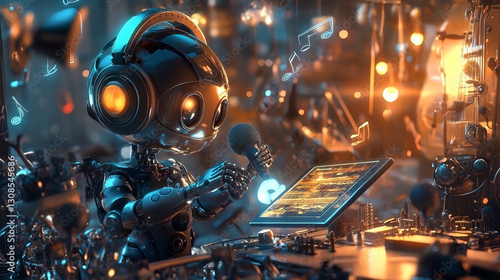 Poster a robot equipped with headphones and a microphone records music in a high-tech studio filled with gl