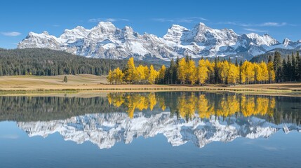 Obraz premium Snowcapped Mountains Reflected in Calm Autumn Lake