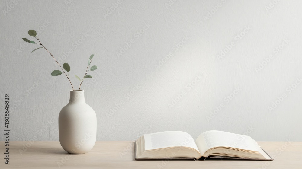 Poster a minimalist scene featuring an open book beside a simple vase with greenery on a light wooden table