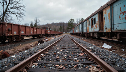 Fototapeta premium Abandoned train cars rusting on deserted railway track, haunting decay