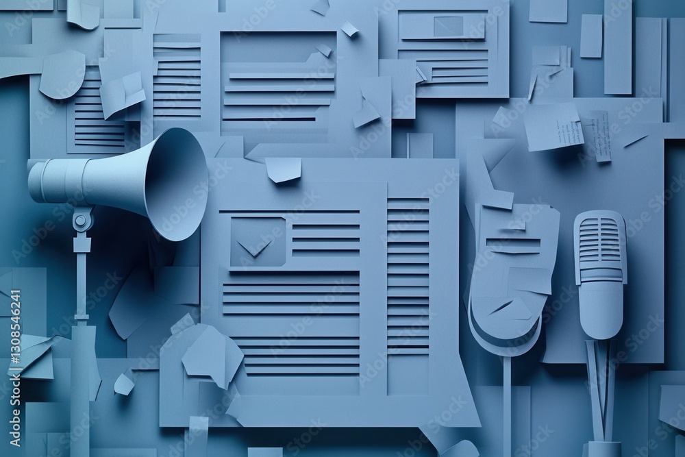 Poster modern paper art background design showcasing layered silhouettes of microphones and newspapers in m