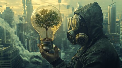 A hooded individual in a gas mask holds a glowing light bulb containing a small green tree, symbolizing hope amidst an industrial dystopian skyline of pollution.. AI Generation