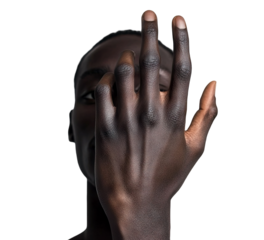 African man with hand gesture covering face, isolated on transparent cutout background