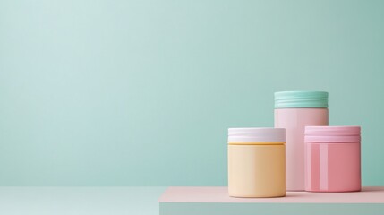 A minimalist display featuring three pastel-colored jars on a soft surface against a subtle mint green background.