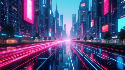 Fototapeta premium AI-generated business graphics, Futuristic cityscape with advanced business tech neon graphics and glowing data streams in vibrant digital aesthetic.