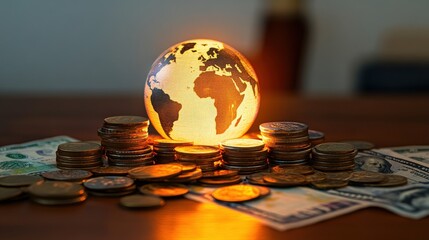 A glowing globe sits atop a pile of coins and bills, symbolizing global finance and economic prosperity.