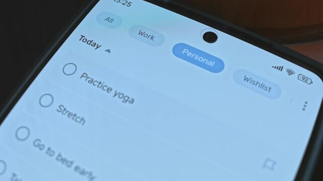 Work, Personal and Wishlist categories in a daily planner app
