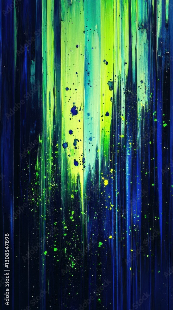 Poster vertical abstract streaks of cobalt blue with vibrant green splashes creating a striking visual cont