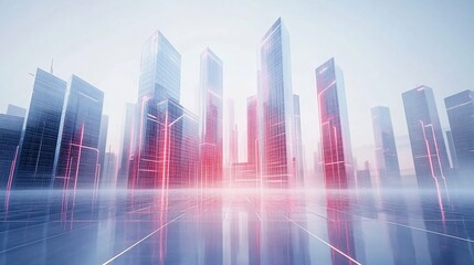 Futuristic city skyline, reflective ground, dawn