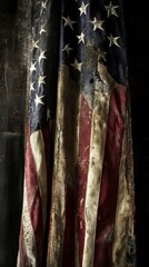 A singular, weathered American flag displayed against a dark backdrop. The textured fabric and aged colors evoke a powerful sense of resilience, history, and nostalgia.. AI Generation